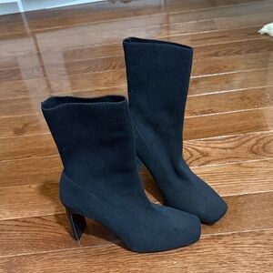 Black Stretch Knit Sock Boots - Women's Heeled Ankle Boot